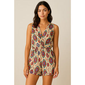 Rory Beca Romper Aztec Ikat Boho Festival Multicolor Boho V Neck 100% Silk Sz S